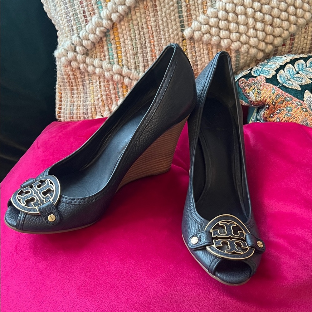 Navy Blue Tory Burch Wedge Peep-Toe Shoes